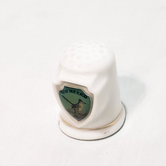 New Mexico Roadrunner Bird Thimble Porcelain Vintage 1" White Brown Blue - Picture 2 of 8